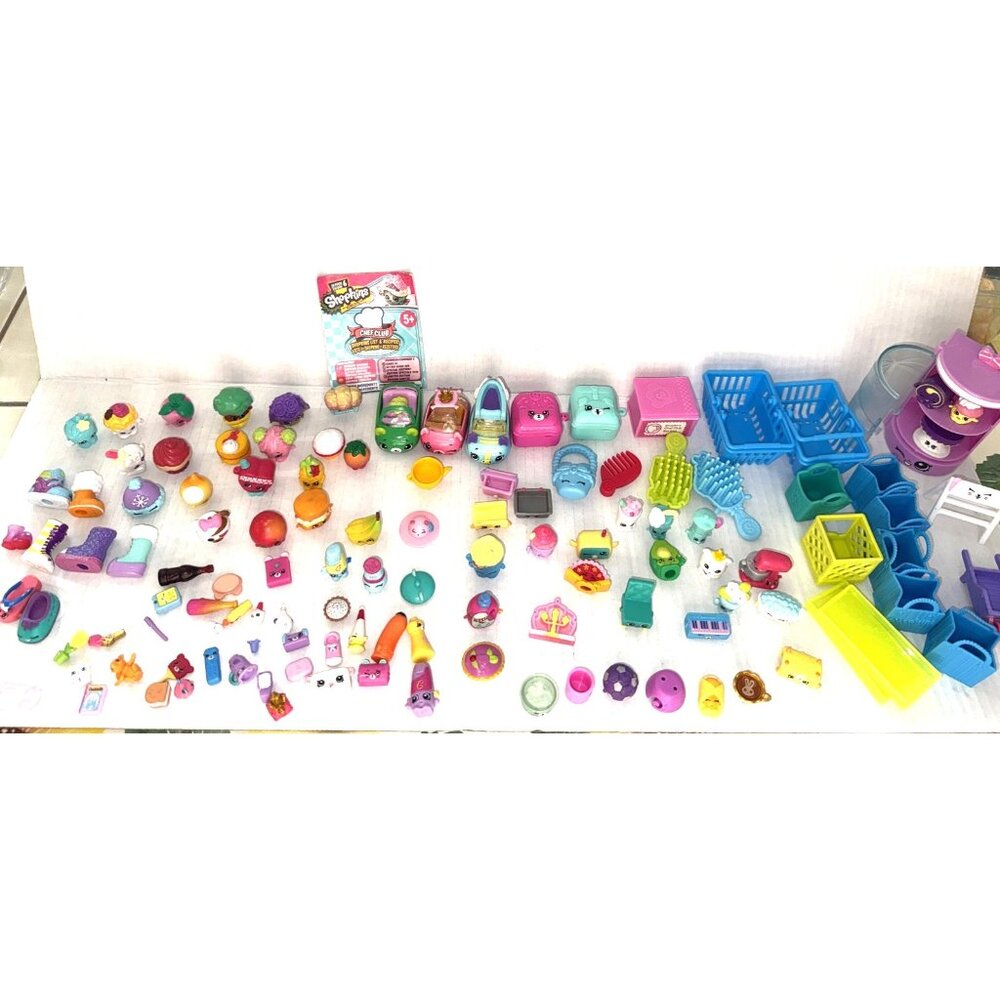 Lot Apprx 125 Assorted Shopkins Moose Characters Cars Carts Bags Combs Shoes